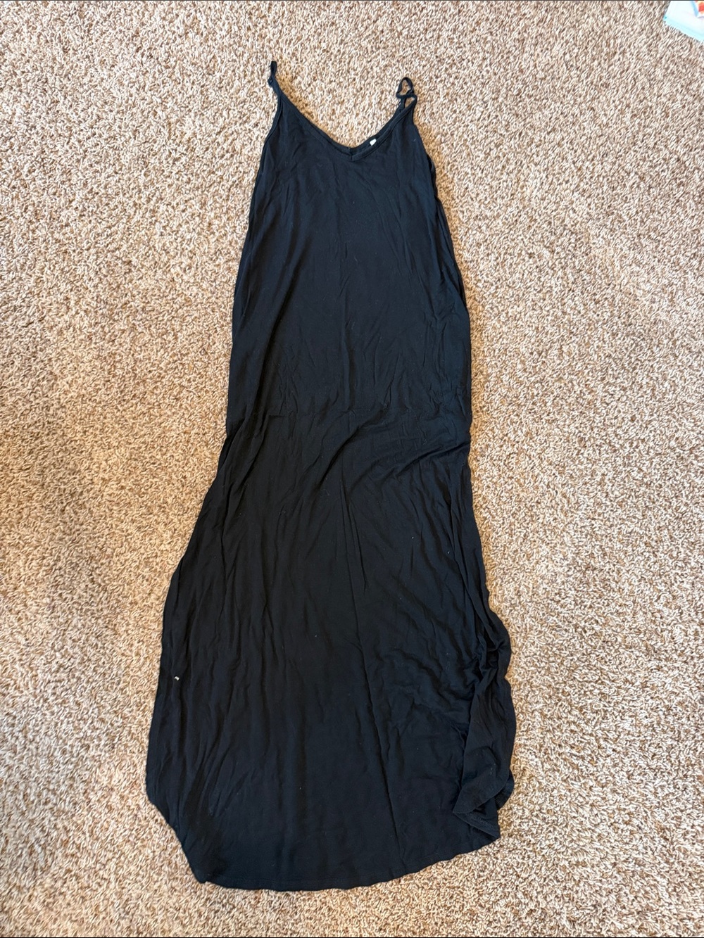 Simple Black Maxi Slip Dress - Women's Sleeveless V-Neck